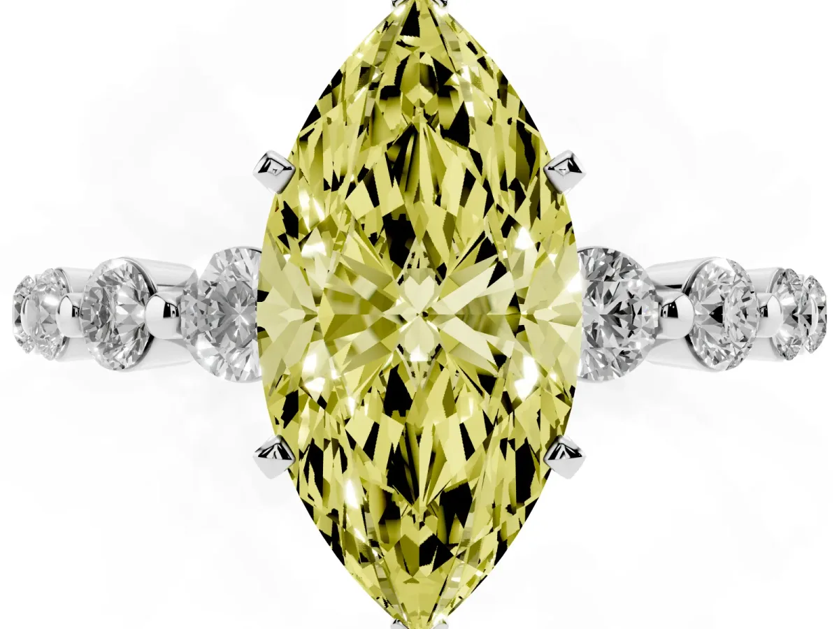Fancy Yellow Marquise Cut Solitaire Diamond Ring with Pave Band and Four-Prong Setting Silver