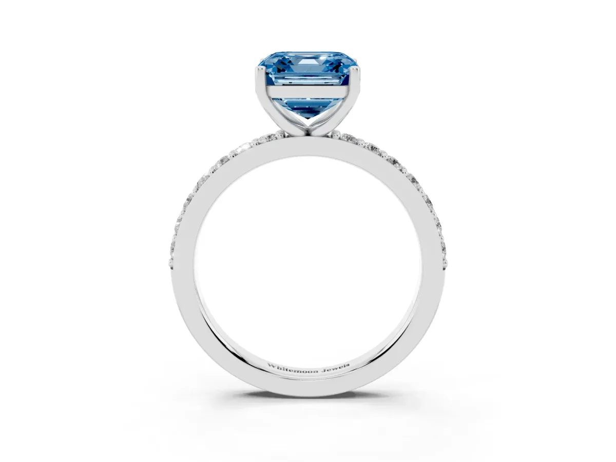 Fancy Blue Asscher Cut Cut Diamond Solitaire with Pave Band and Four-Prong Setting Silver