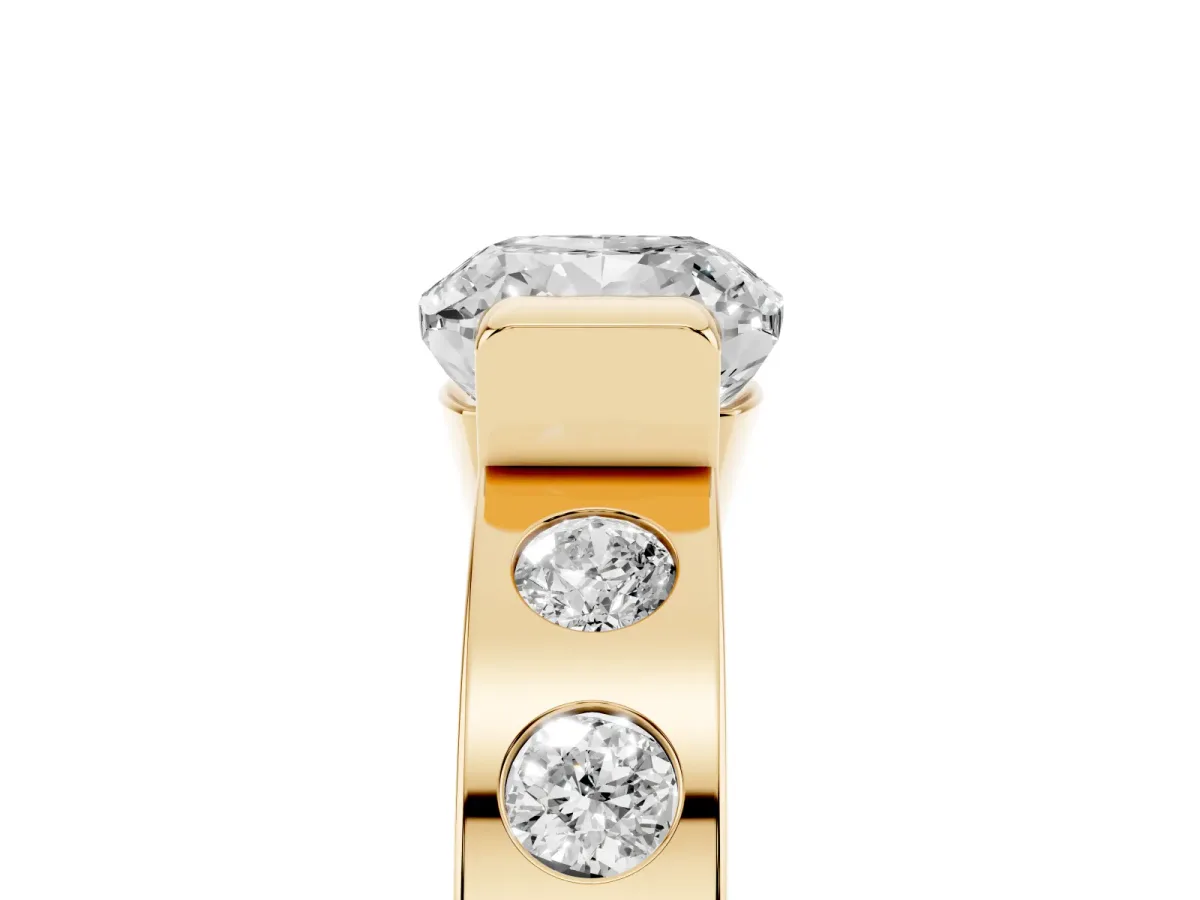 Cushion Cut Brilliant Channel-Set Diamond Ring with Bezel Prong Setting Yellow gold
