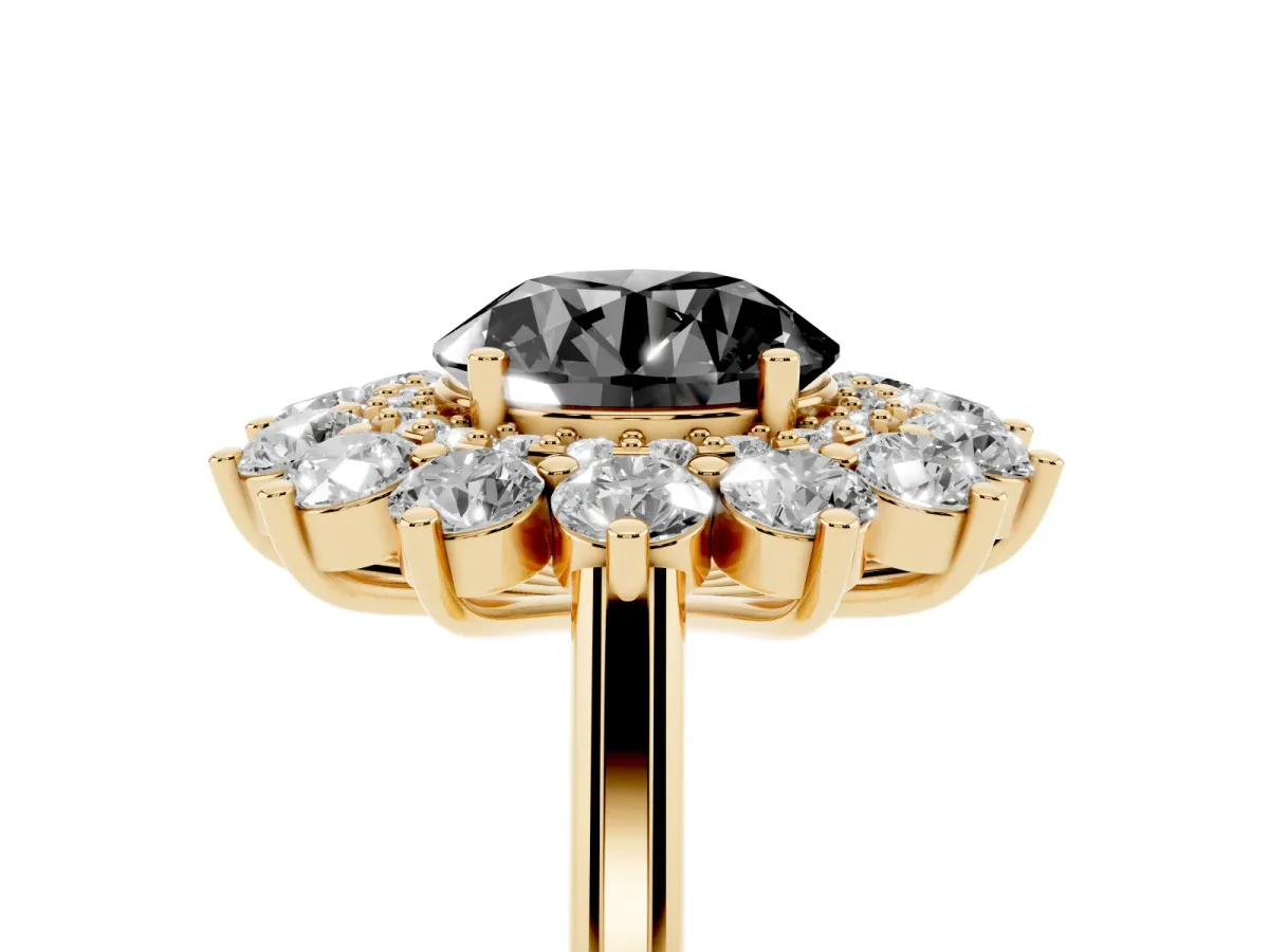 Fancy Black Round Cut Diamond Floral Double Halo Engagement Ring with Prong Setting Yellow gold