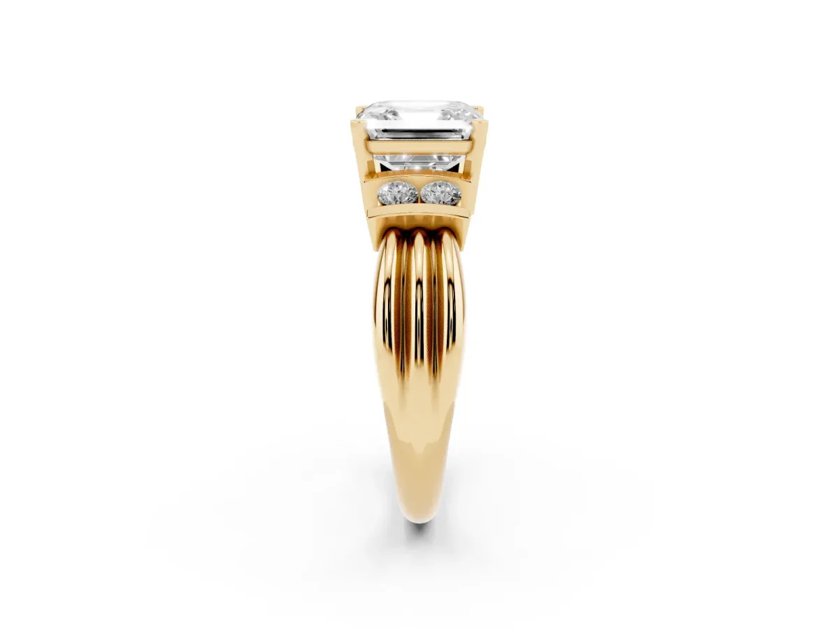 Asscher Cut Cut Three-Stone Channel Set Ring with Bar Prongs Yellow gold
