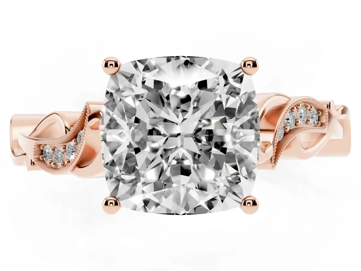 Cushion Cut Solitaire Vine Band with Milgrain Prong Setting Rose gold