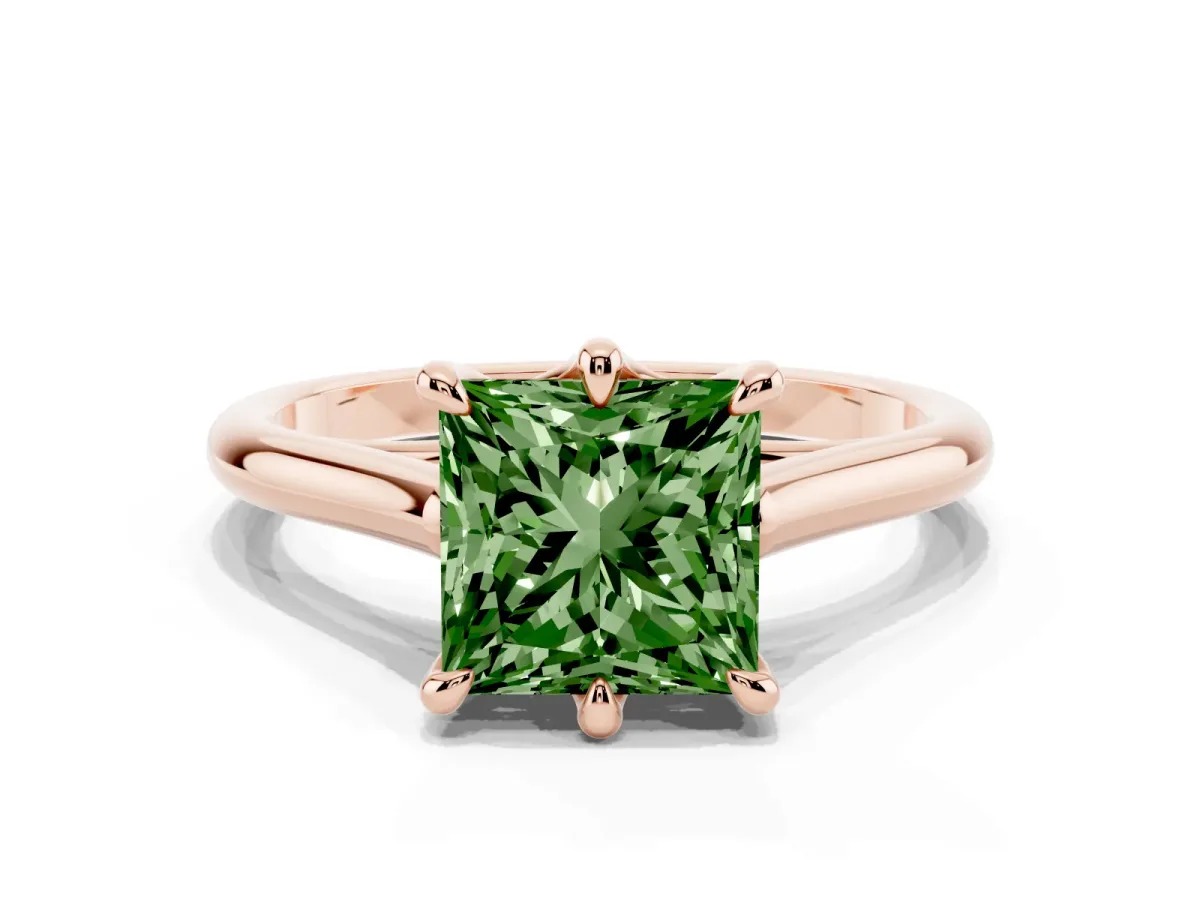 Fancy Green Princess Cut Solitaire Engagement Ring with Six-Prong Setting and Classic Band Rose gold