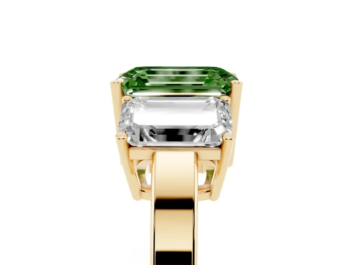 Fancy Green Three-Stone Emerald Cut Cut Diamond Engagement Ring with Flat Band and Four-Prong Setting Yellow gold
