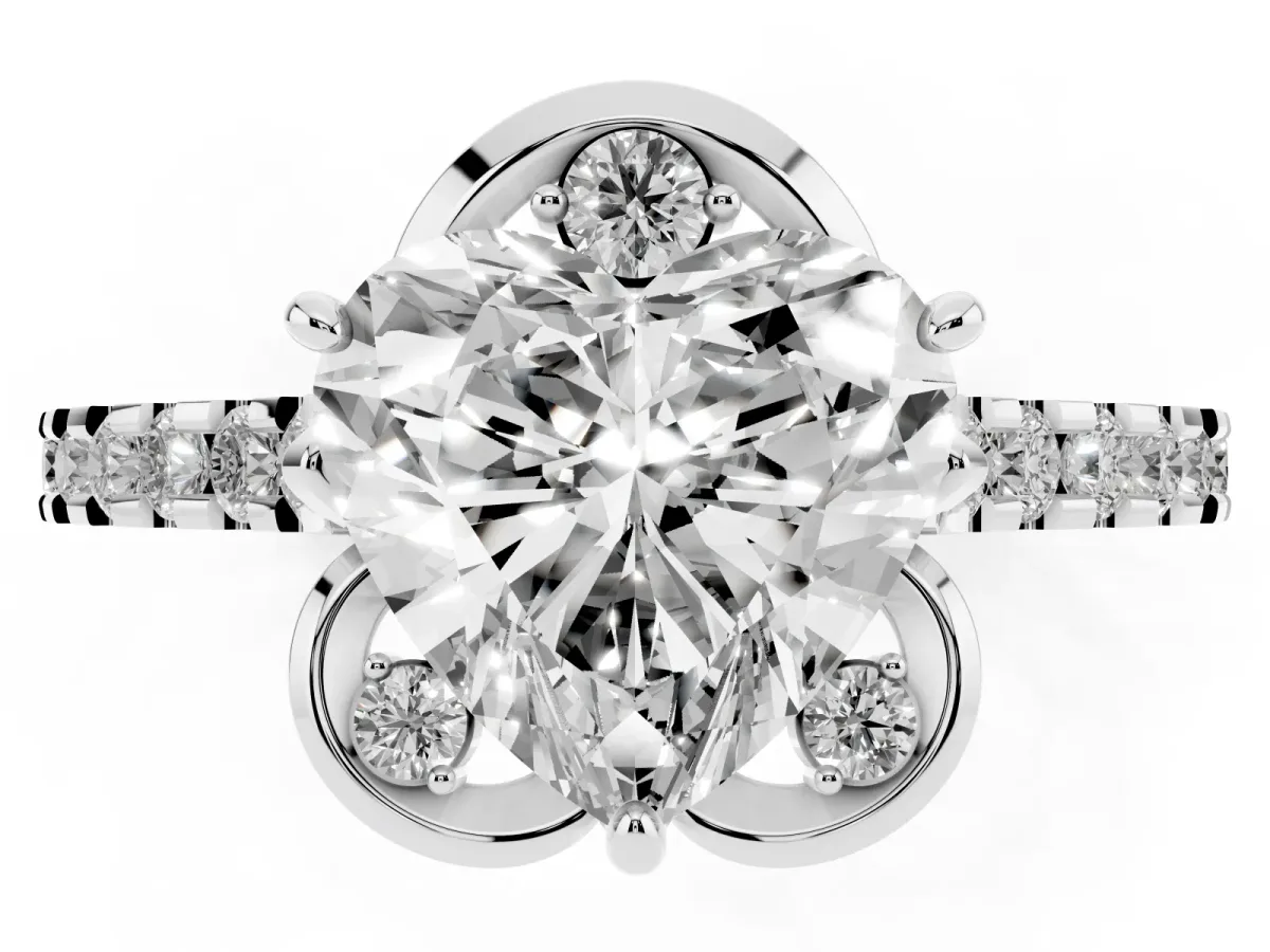 Heart Cut Diamond Ring with Pavé Band and Floral Prong Setting White gold