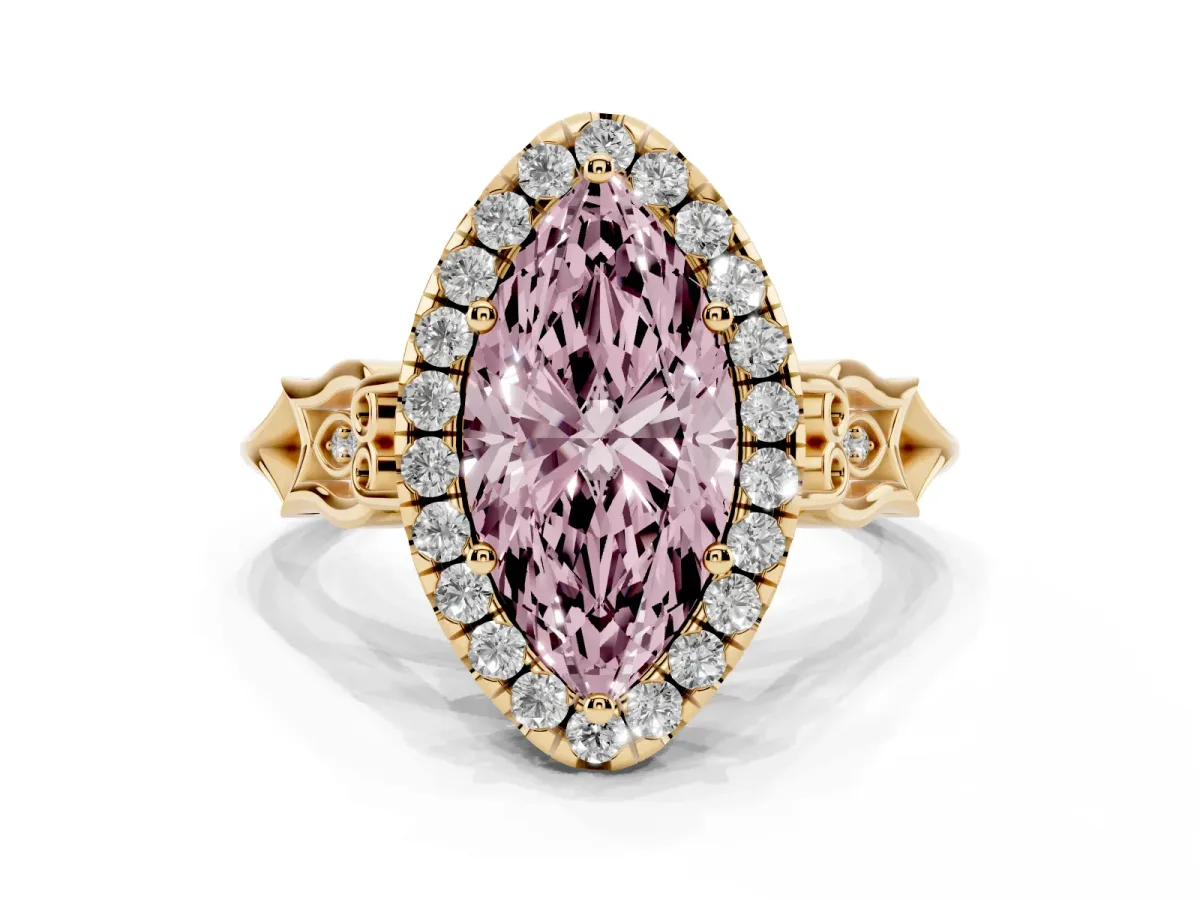 Fancy Pink Marquise Cut Halo Diamond Engagement Ring with Filigree Band and Four-Prong Setting Yellow gold