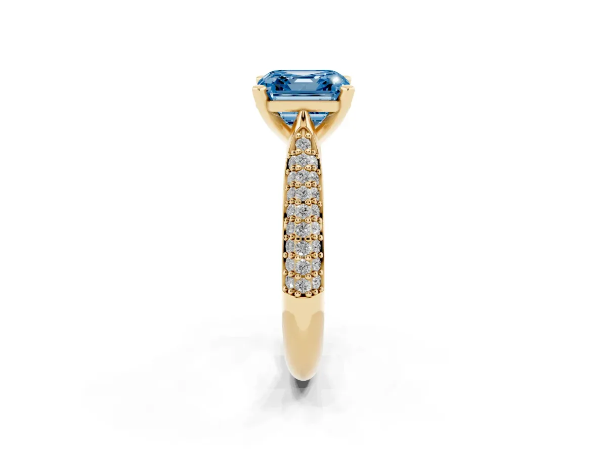 Fancy Blue Asscher Cut Diamond Solitaire Engagement Ring with Multi-Row Round Pavé Band and Prong Setting Yellow gold