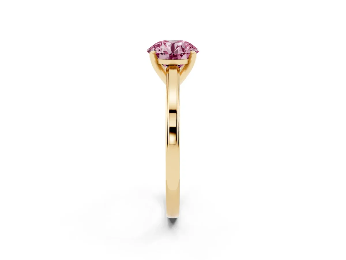 Fancy Pink Round Cut Solitaire Diamond Ring with Four-Prong Setting and Classic Band Yellow gold