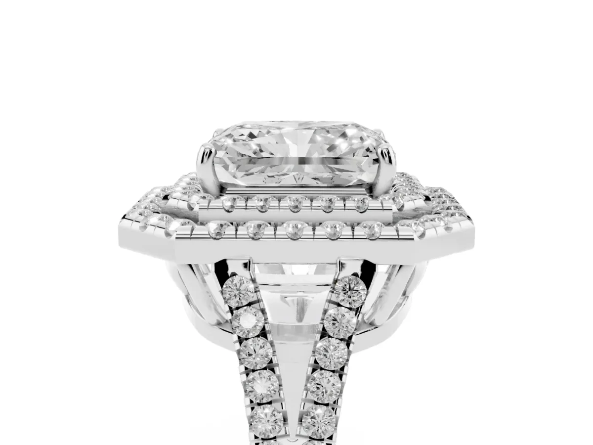 Radiant Cut Diamond Double Halo Ring with Pavé Band and Prong Setting Silver