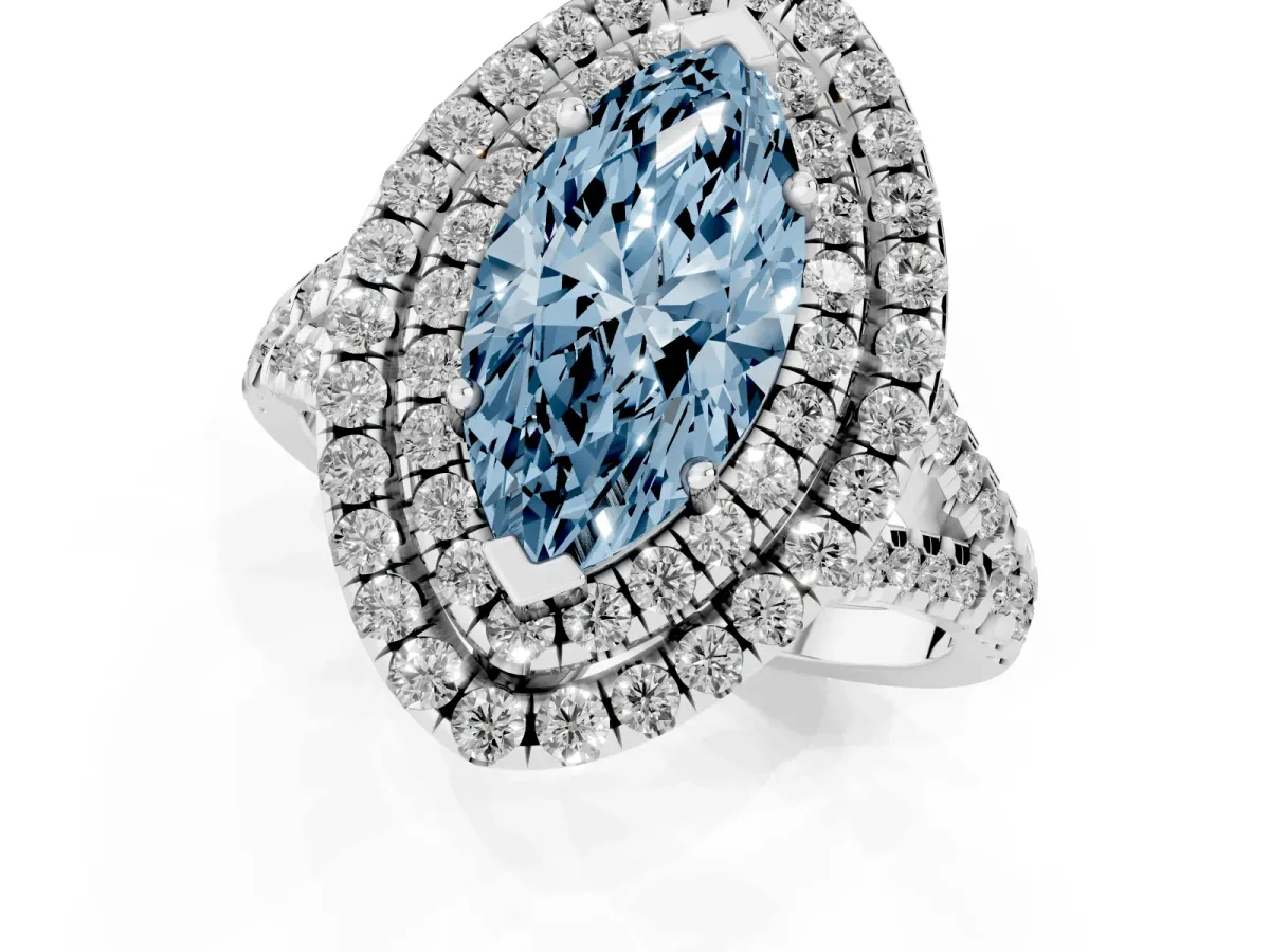 Fancy Blue Double Halo Marquise Cut Diamond Pavé Split Shank Ring with Prong Setting Platinum