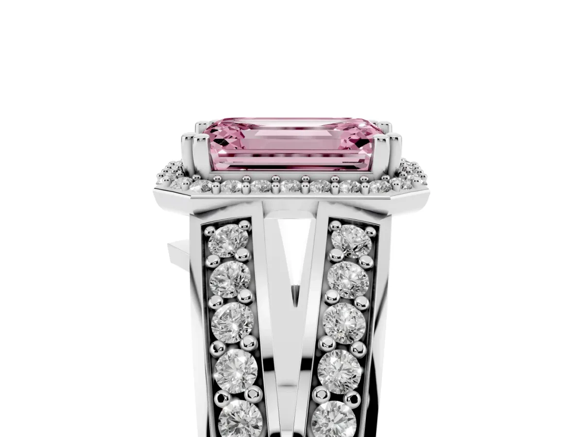 Fancy Pink Emerald Cut Diamond Halo Ring with Split Shank Pavé Band and Four-Prong Setting White gold
