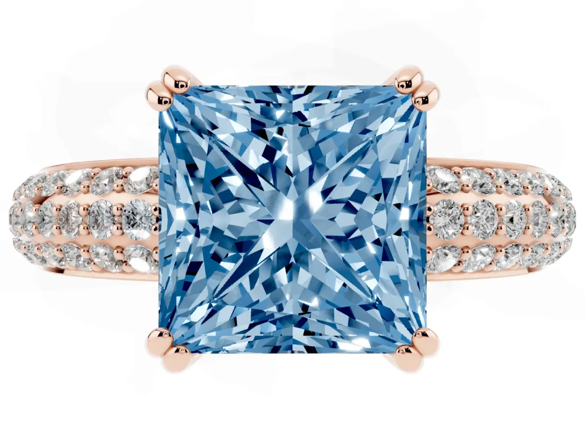 Fancy Blue Princess Cut Diamond Solitaire Ring with Multi-Row Round Pavé Band and Prong Setting Rose gold