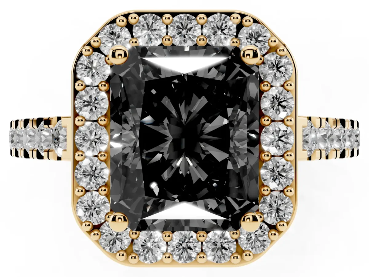 Fancy Black Radiant Cut Diamond Halo Ring with Round Pavé Split Shank and Prong Setting Yellow gold