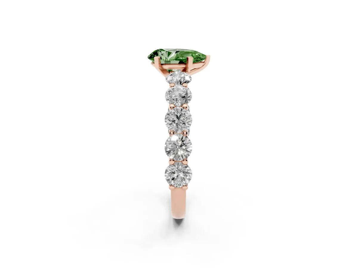 Fancy Green Pear Cut Diamond Prong Setting with Side Stones on a Pave Band Rose gold