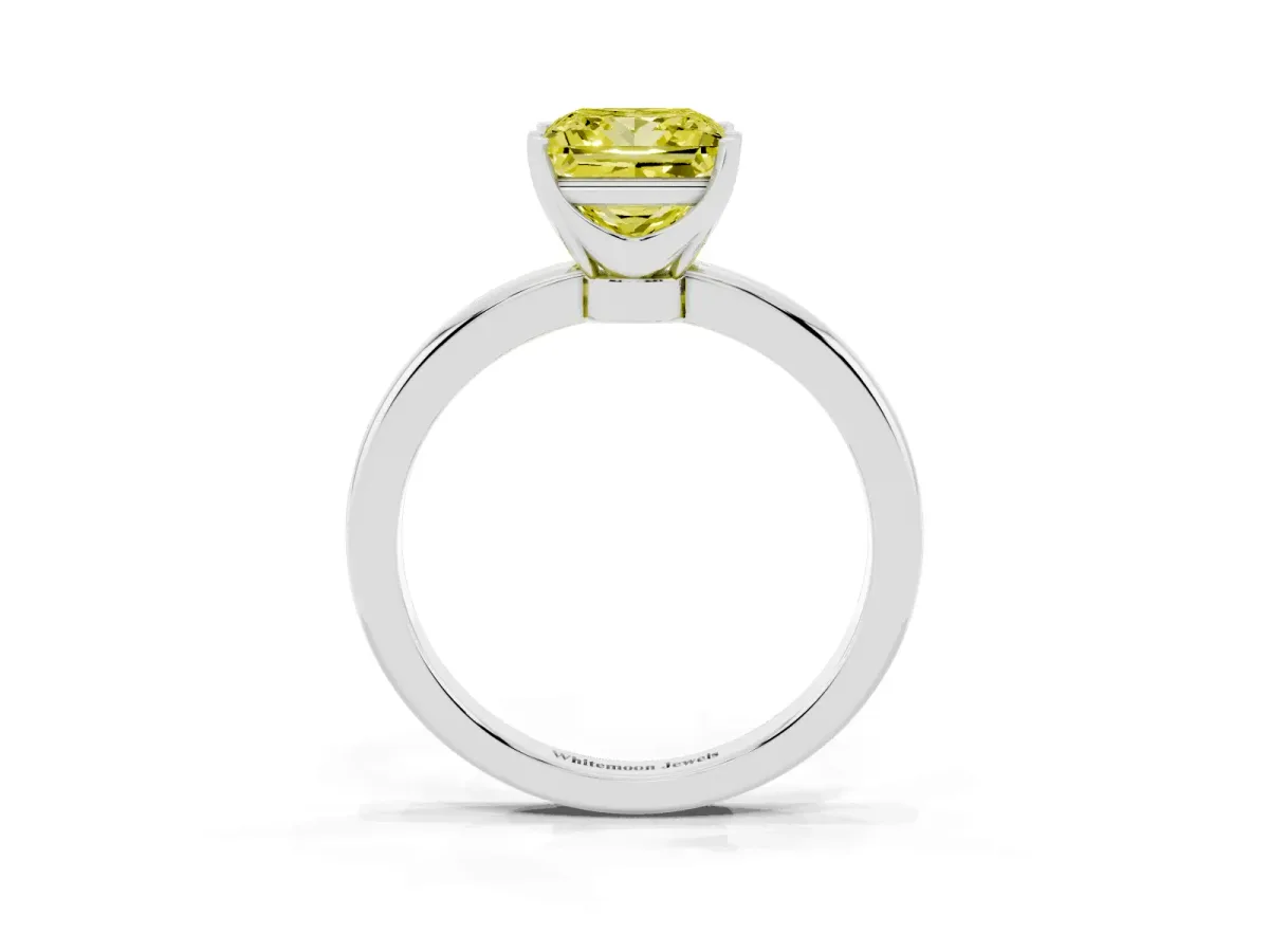 Fancy Yellow Princess Cut Solitaire Diamond Ring with Six-Prong Setting on a Classic Band Silver