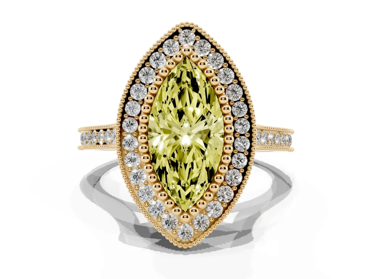 Fancy Yellow Marquise Cut Diamond Halo Ring with Milgrain Frame and Pavé Band Yellow gold