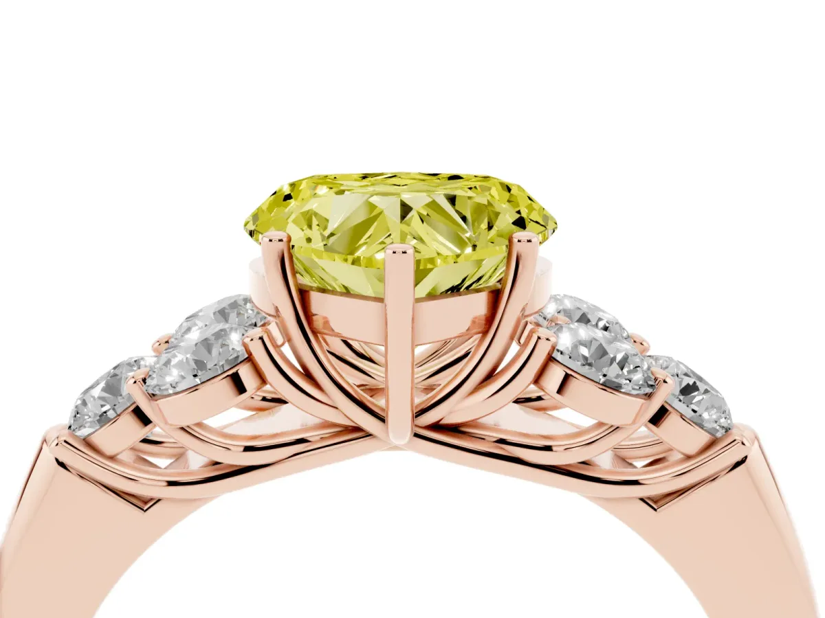 Fancy Yellow Heart Cut Cut Diamond Cluster Ring with Round Accent Stones and Prong Setting on a Classic Band Rose gold