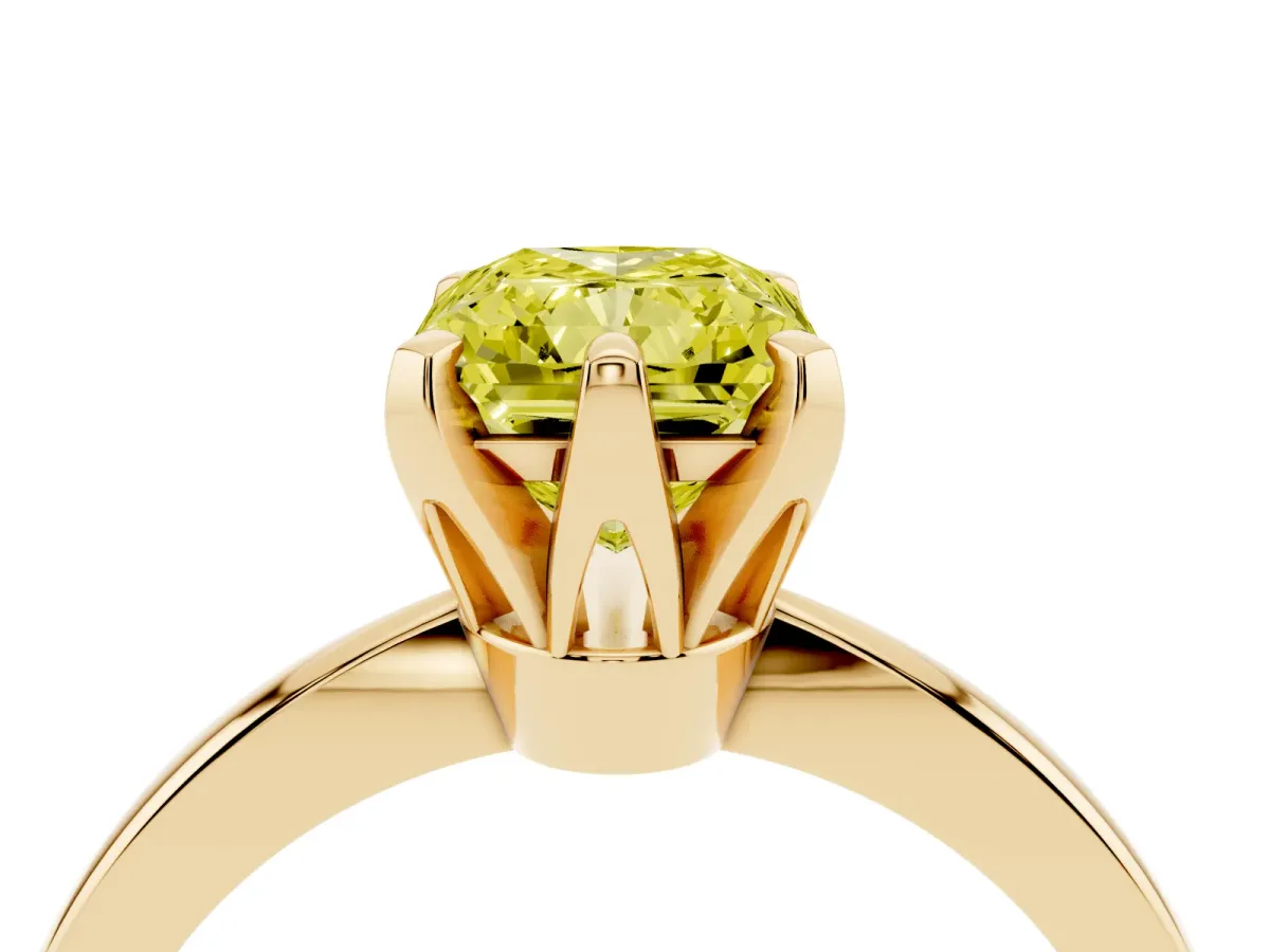 Fancy Yellow Radiant Cut Solitaire Engagement Ring with Six-Prong Setting and Tapered Band Yellow gold