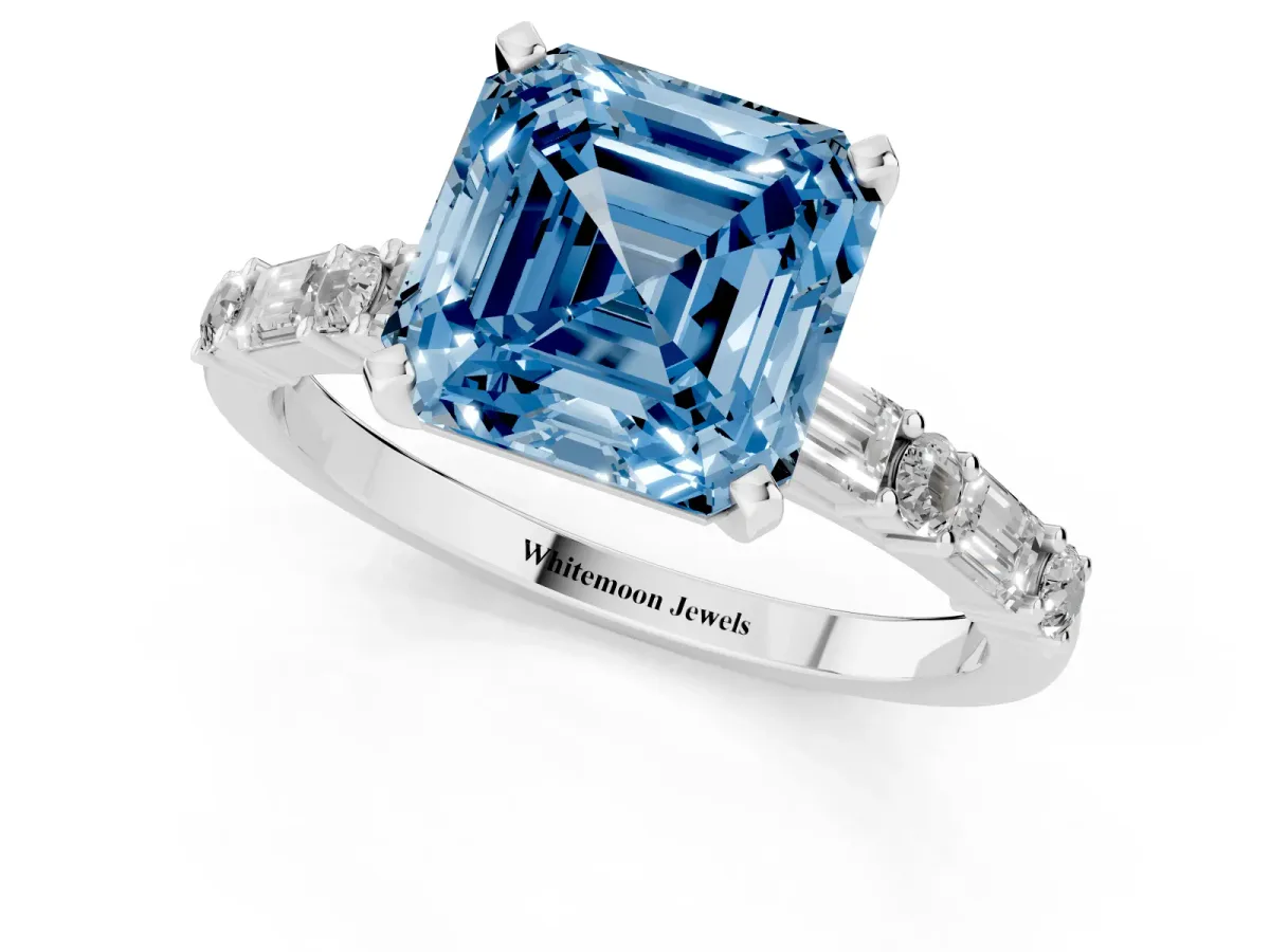 Fancy Blue Asscher Cut Diamond Solitaire with Side Baguettes and Channel Set Band Silver