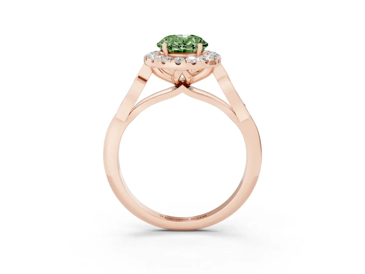 Fancy Green Oval Cut Halo Diamond Engagement Ring with Filigree Band and Four-Prong Setting Rose gold