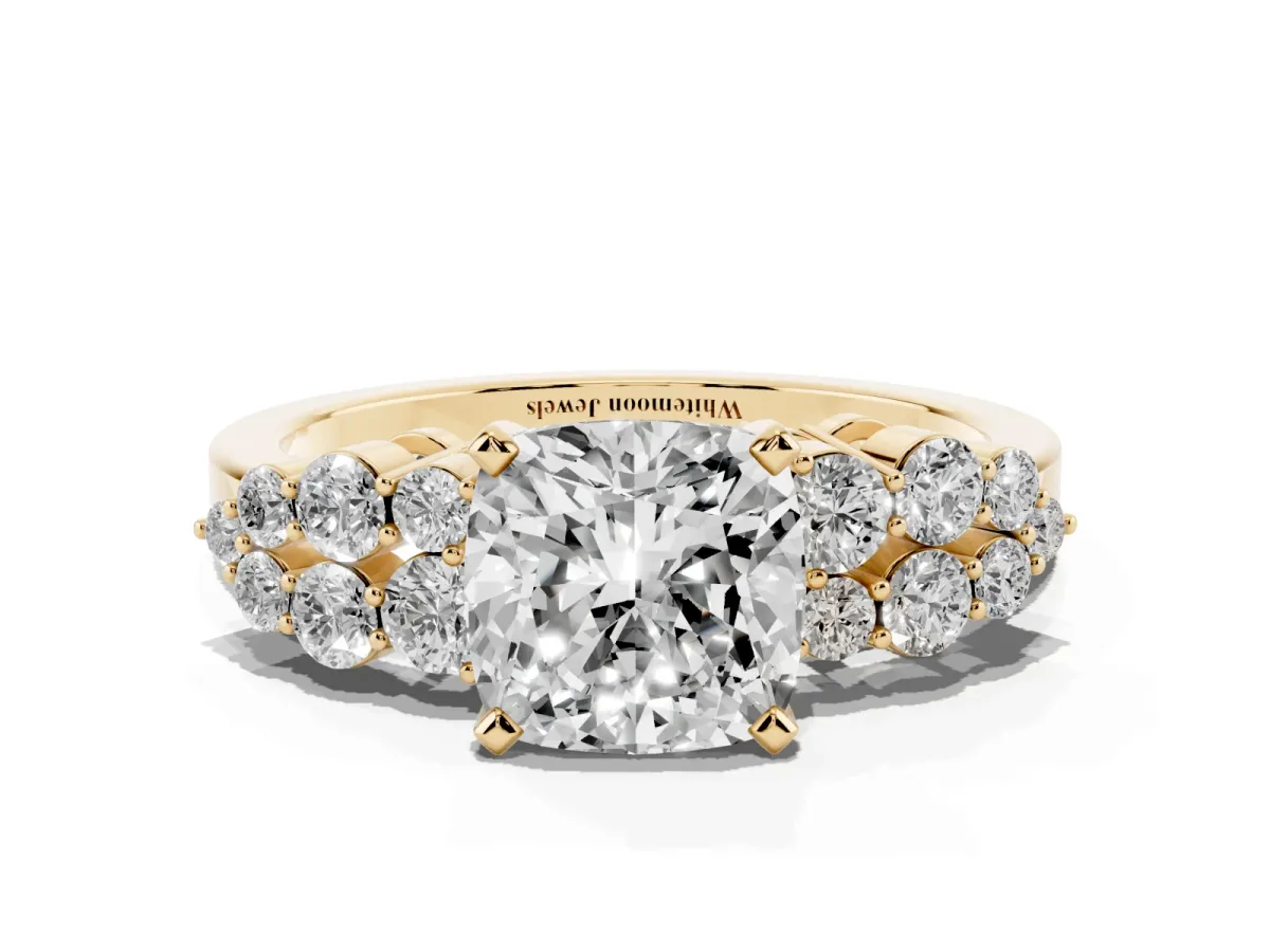 Cushion Cut Cluster Diamond Engagement Ring with Pavé Band and Four-Prong Setting Yellow gold