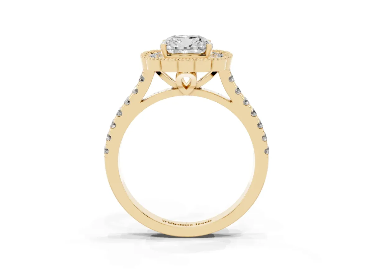 Cushion Cut Cut Diamond Milgrain Floral Halo Engagement Ring with Pavé Band Yellow gold