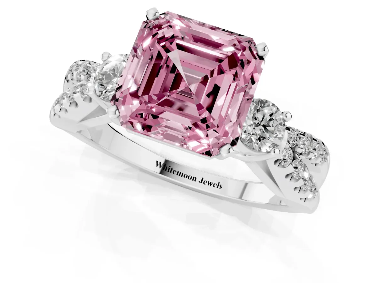 Fancy Pink Asscher Cut Diamond Three-Stone Ring with Pavé Split Shank and Four-Prong Setting Platinum