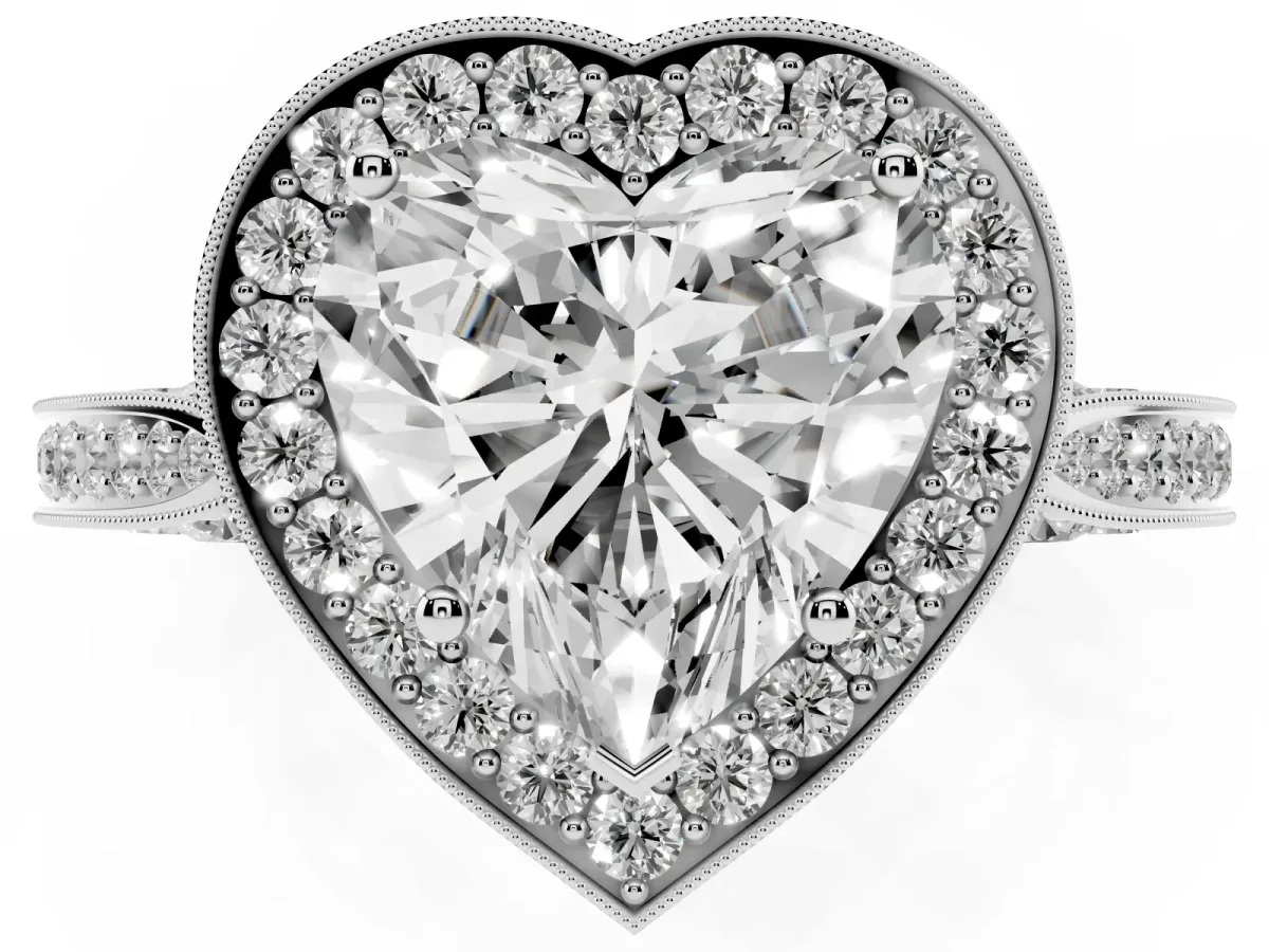 Heart Cut Halo Diamond Engagement Ring with Split Shank Band and Four-Prong Setting Silver