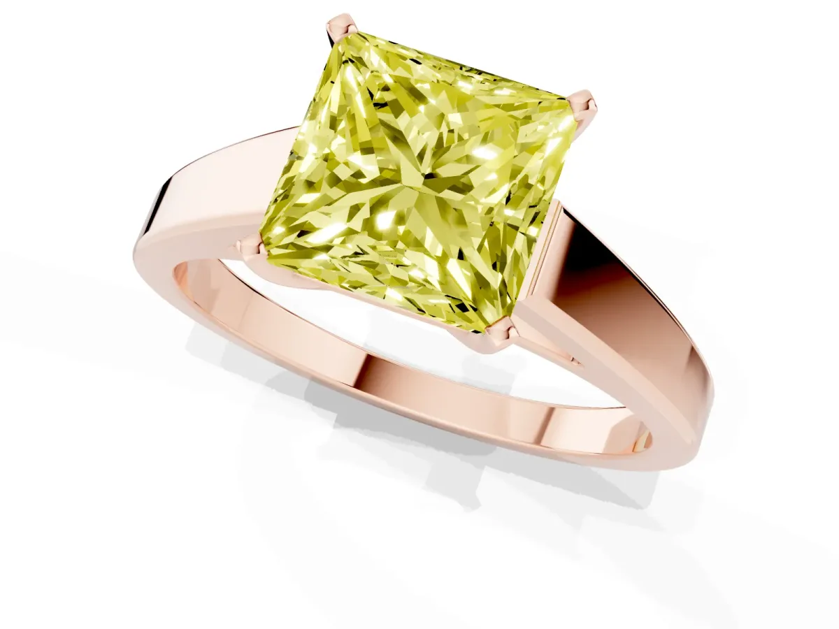 Fancy Yellow Princess Cut Solitaire Engagement Ring with Four-Prong Setting and Tapered Band Rose gold