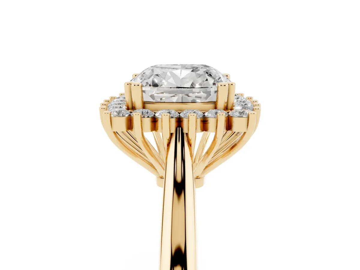 Cushion Cut Cut Diamond Halo Ring with Solitaire Band and Prong Setting Yellow gold