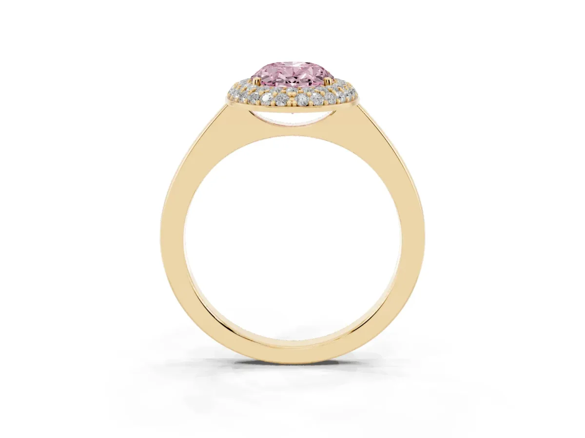 Fancy Pink Oval Cut Halo Diamond Engagement Ring with Solitaire Band and Four-Prong Setting Yellow gold