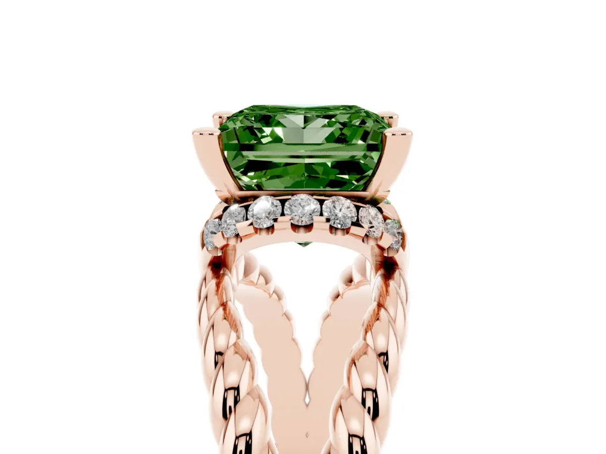 Fancy Green Princess Cut Halo Twisted Band Four-Prong Ring Rose gold
