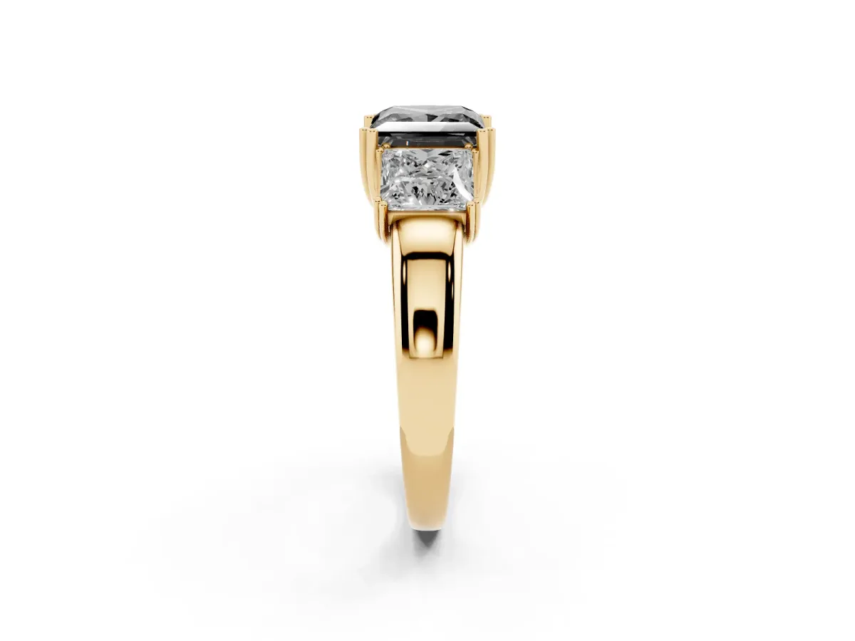 Fancy Black Three-Stone Princess Cut Cut Diamond Ring with Channel Set Band and Four-Prong Setting Yellow gold