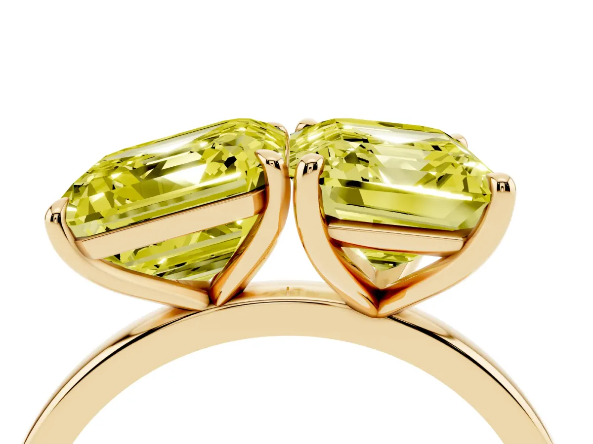 Fancy Yellow Asscher Cut and Emerald Cut Toi Moi Ring with Prong Setting Yellow gold