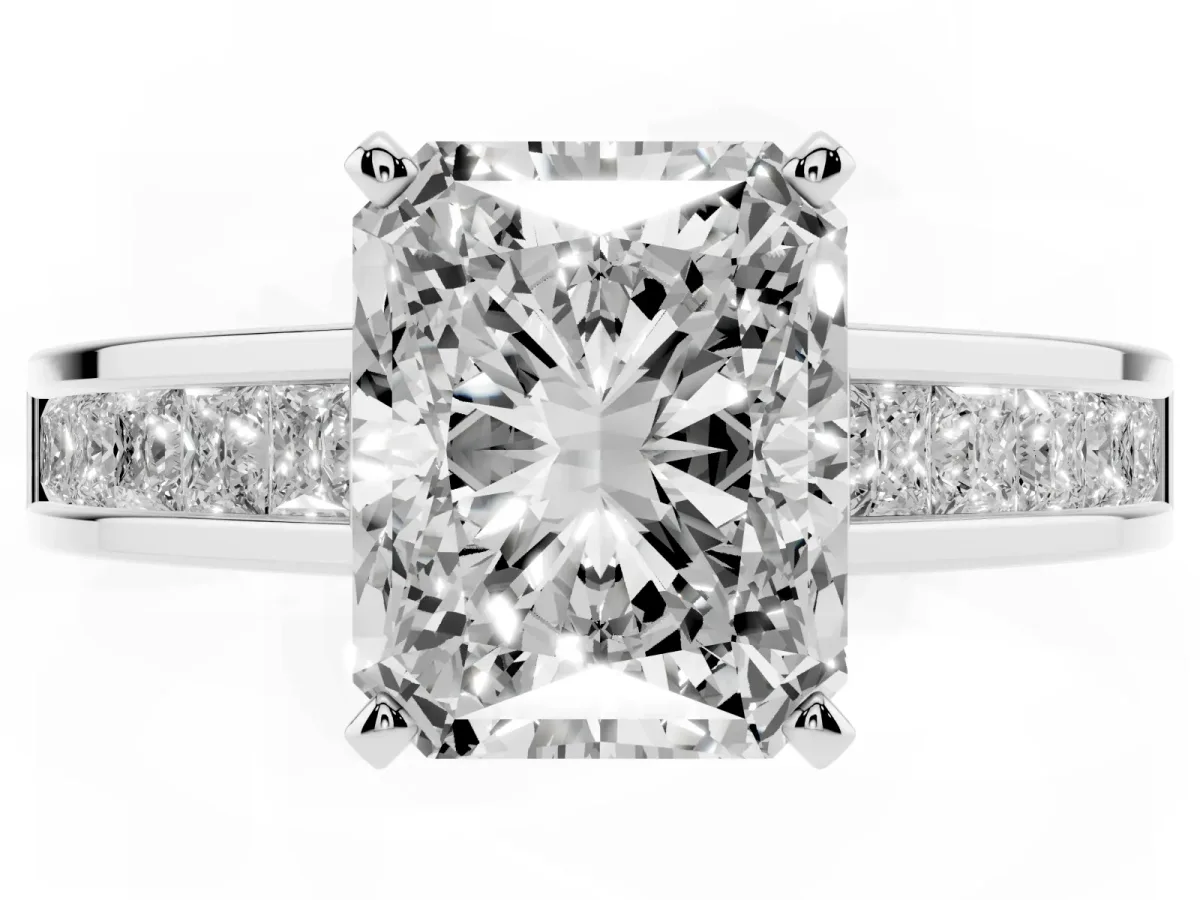 Radiant Cut Solitaire Diamond Ring with Channel-Set Band and Four-Prong Setting Platinum