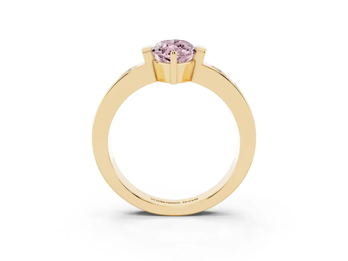 Fancy Pink Marquise Cut Brilliant Channel-Set Diamond Ring with Bezel Prong Setting Yellow gold