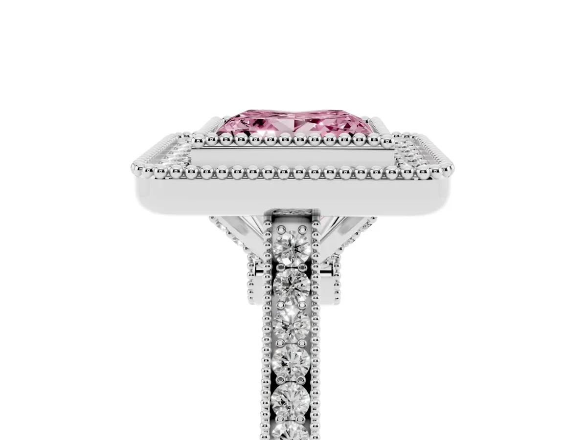 Fancy Pink Princess Cut Diamond Halo Ring with Milgrain Frame and Pavé Band Silver