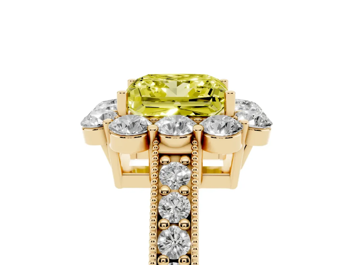 Fancy Yellow Princess Cut Cut Halo Diamond Pavé Engagement Ring with Milgrain Detailing Yellow gold
