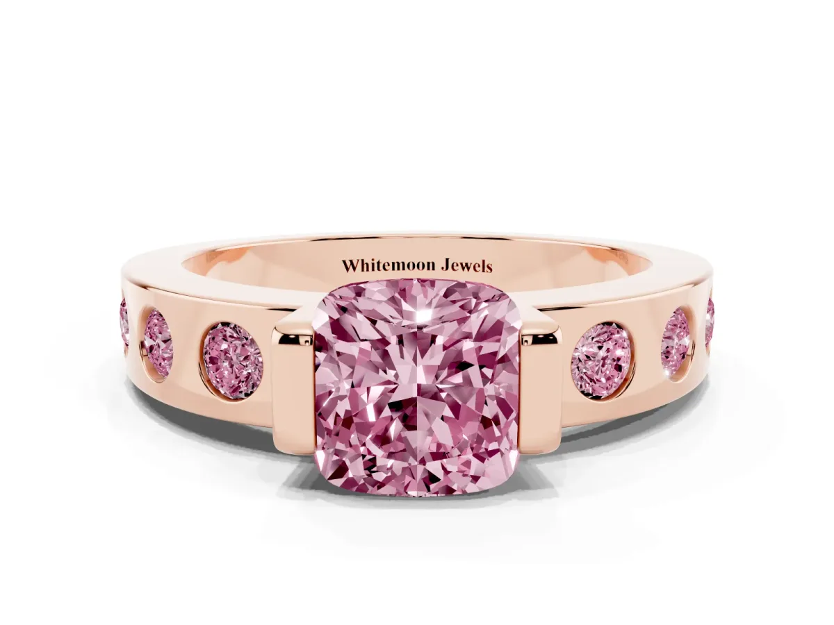 Fancy Pink Cushion Cut Brilliant Channel-Set Diamond Ring with Bezel Prong Setting Rose gold