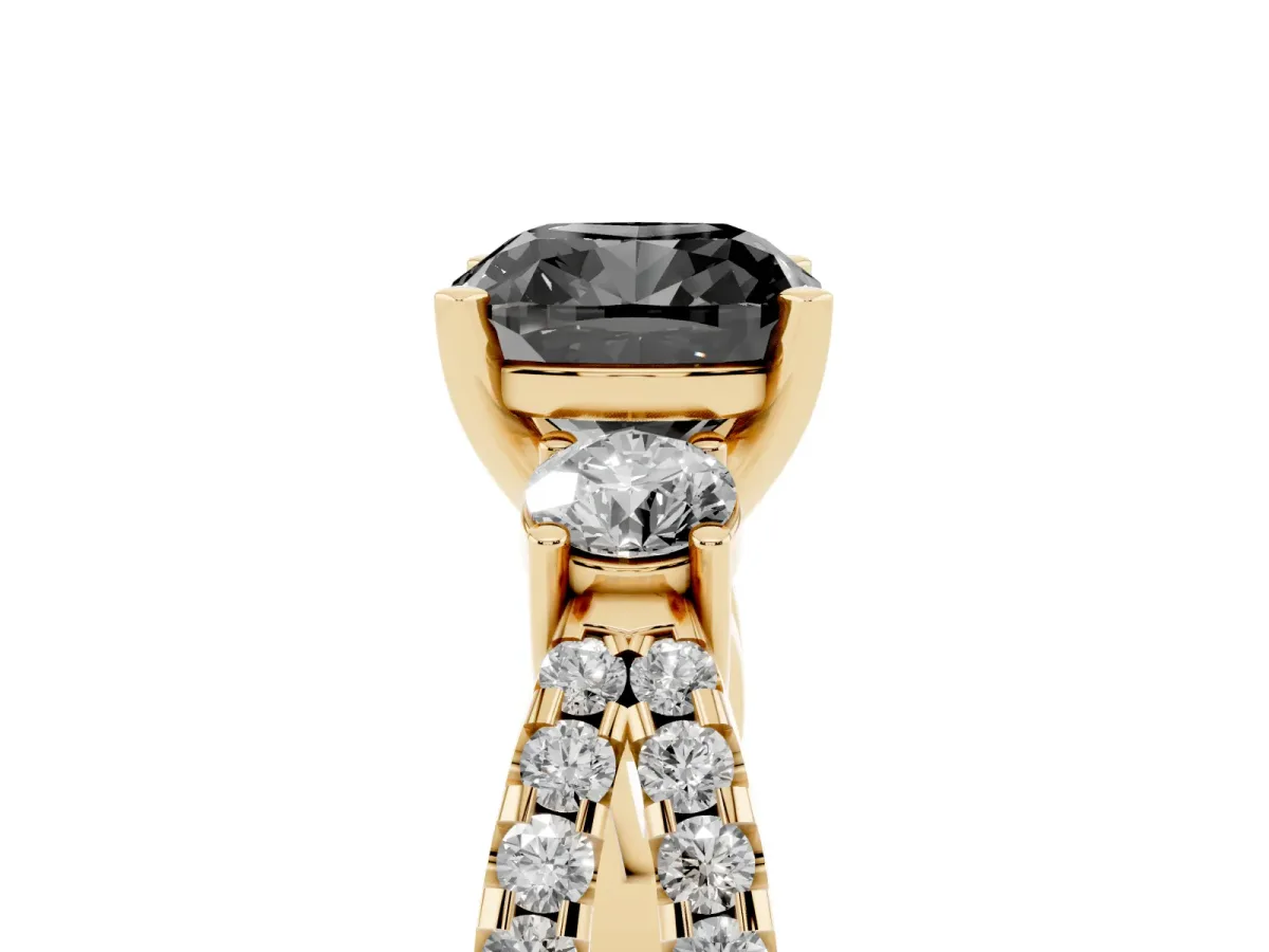 Fancy Black Cushion Cut Diamond Three-Stone Ring with Pavé Split Shank and Four-Prong Setting Yellow gold