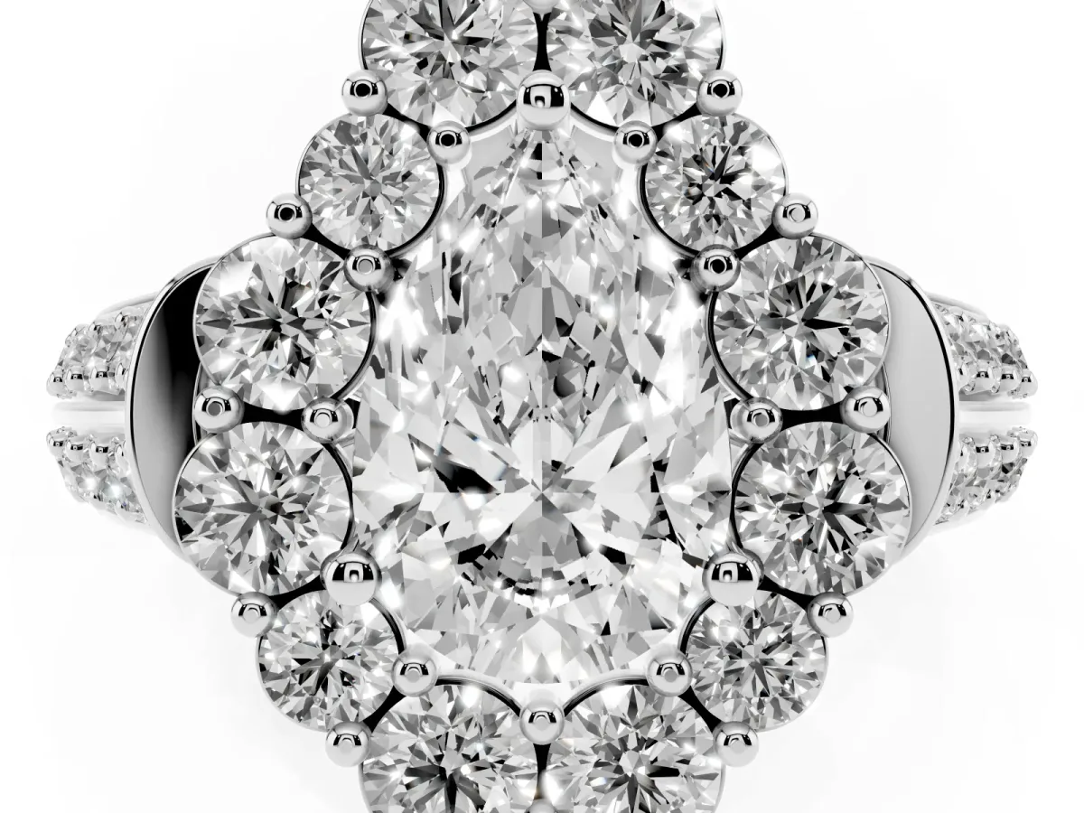 Pear Cut Halo Diamond Engagement Ring with Split Shank and Prong Setting Silver