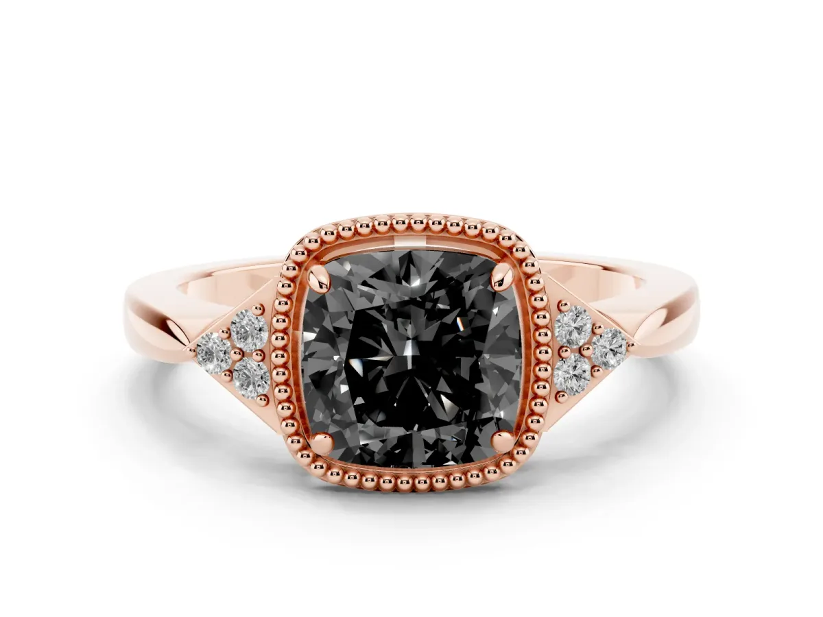 Fancy Black Hexagonal Halo Cushion Cut Diamond Solitaire with Pavé Band and Four-Prong Setting Rose gold