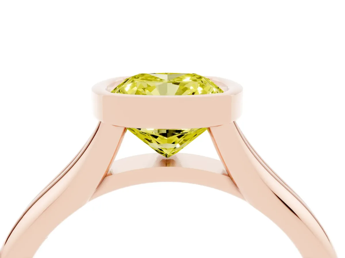 Fancy Yellow Bezel Set Cushion Cut Solitaire Diamond Ring with Smooth Band Rose gold