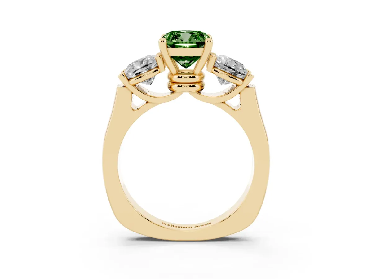 Fancy Green Three-Stone Cushion Cut Brilliant Diamond Trellis Ring with Comfort Fit Band Yellow gold