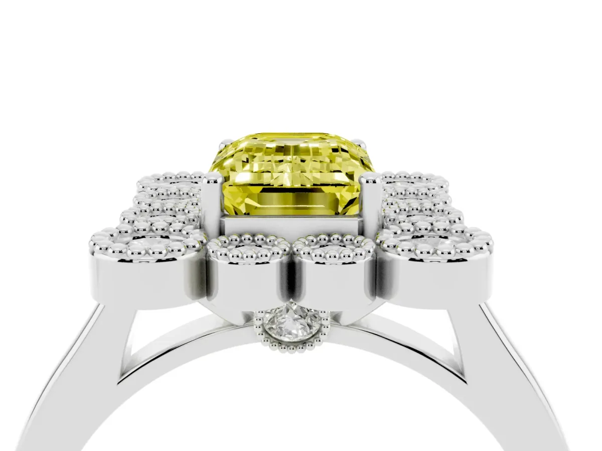 Fancy Yellow Emerald Cut Halo Diamond Cluster Engagement Ring with Milgrain Bezel Setting and Solitaire Band Silver