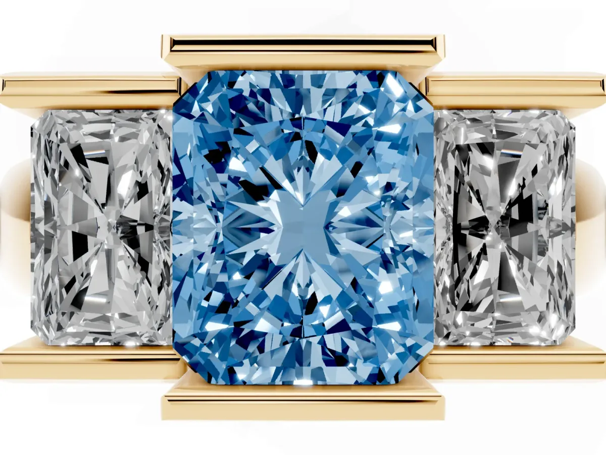 Fancy Blue Three Stone Radiant Cut Cut Channel Set Diamond Ring Yellow gold
