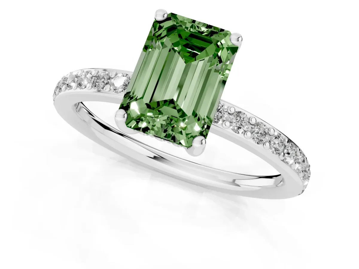 Fancy Green Emerald Cut Cut Diamond Pavé Band Ring with Four-Prong Setting Silver