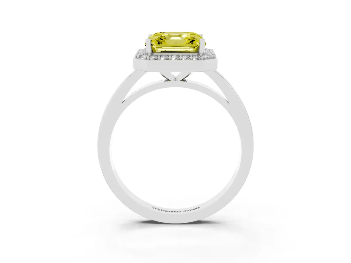 Fancy Yellow Asscher Cut Halo Diamond Ring with Solitaire Band and Prong Setting Silver