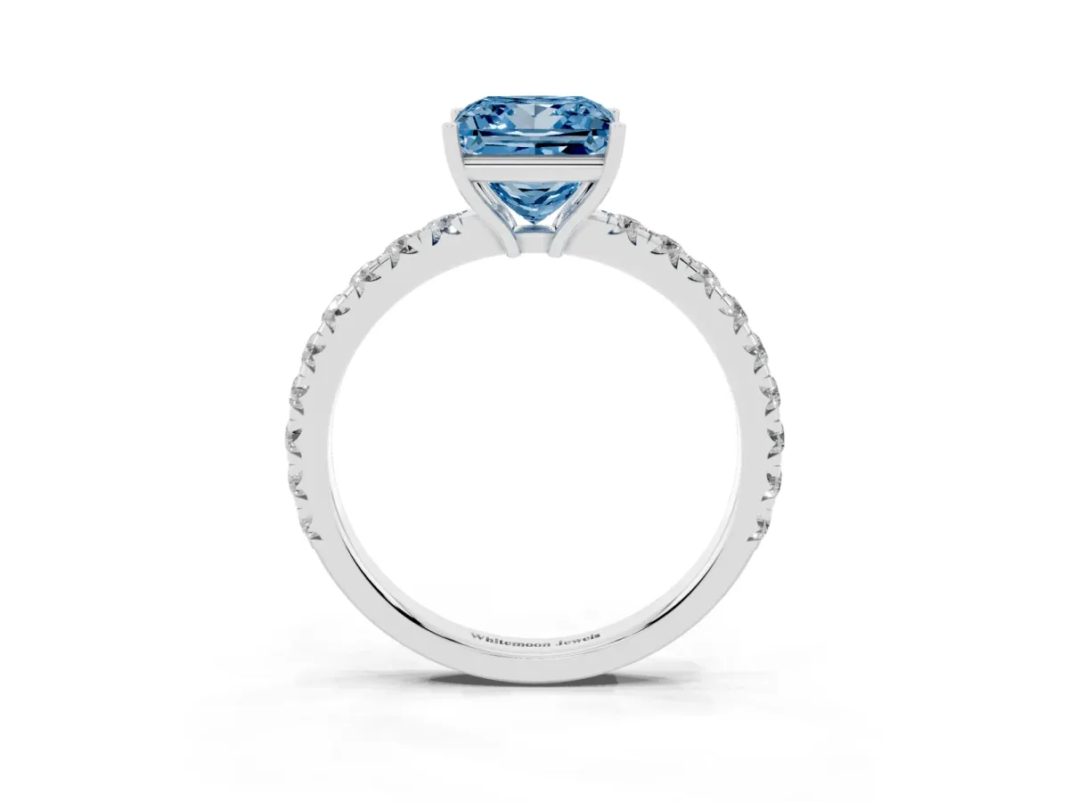 Fancy Blue Princess Cut Diamond Pavé Solitaire Engagement Ring with Four-Prong Setting Silver