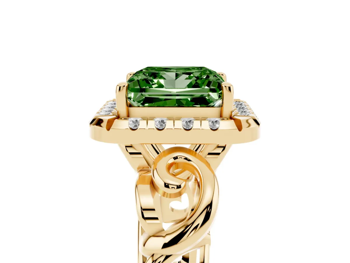 Fancy Green Princess Cut Cut Halo Diamond Ring with Scrollwork Band and Four-Prong Setting Yellow gold